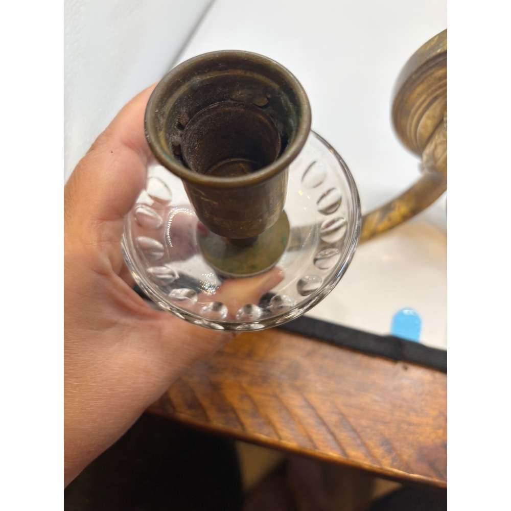 Antique Brass Double Wall Sconce Candle Holder with Glass Bobeches Vintage 2-Arm - Picture 4 of 10